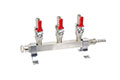 <!--Three Way Plated Brass Air Manifold with Barb and Safety--> <!--Three Way Plated Brass Air Manifold with Barb and Safety-->