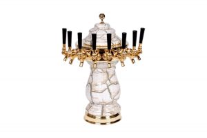 884B-8 -- Eight Faucet Ceramic Tower with PVD Gold Hardware and Faucets - Shown in Beige Marble 